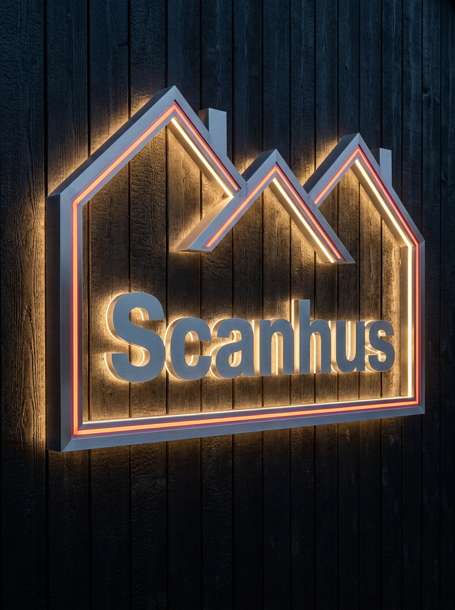 Illuminated Scanhus sign on dark timber cladding